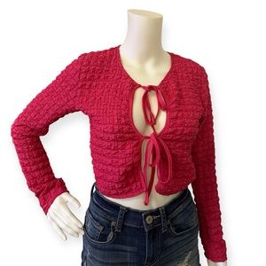 Urban Outfitters Womens Sylvie Tied Front Top Bubble Knit Pink Cropped